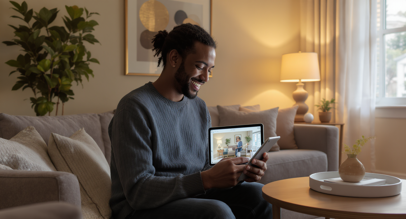 Homeowner reviewing digital before-and-after AI-generated living room corner designs on a tablet amid warm, stylish living room setting.