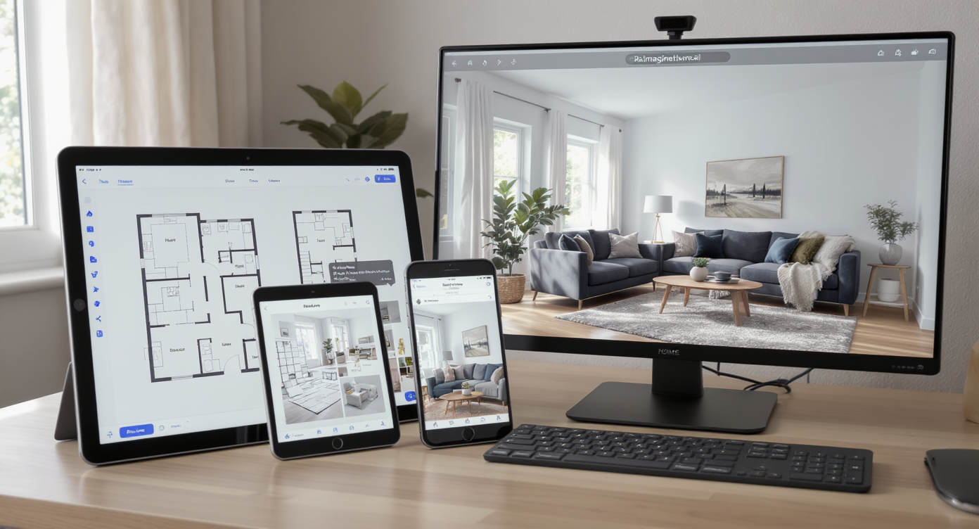 Multiple devices showing schematic traditional design apps with floor plans next to a large screen displaying photorealistic living room designs from ReimagineHome.ai.