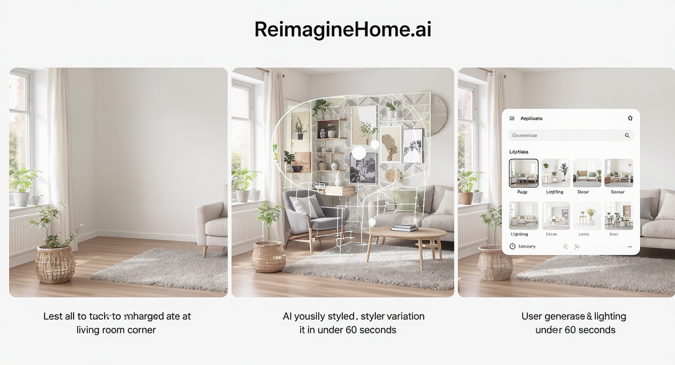 Storyboard collage illustrating taking a living room photo to generating multiple AI design variations and selecting decor options with ReimagineHome.ai.