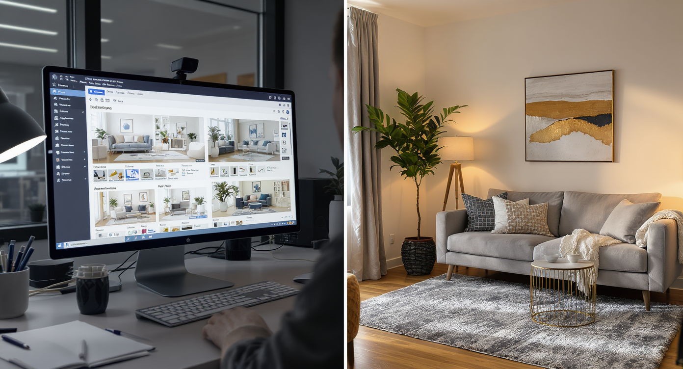Designer using AI home design software on a computer; adjacent real living room corner matches AI-generated decor with plant, art, rug, and lighting.