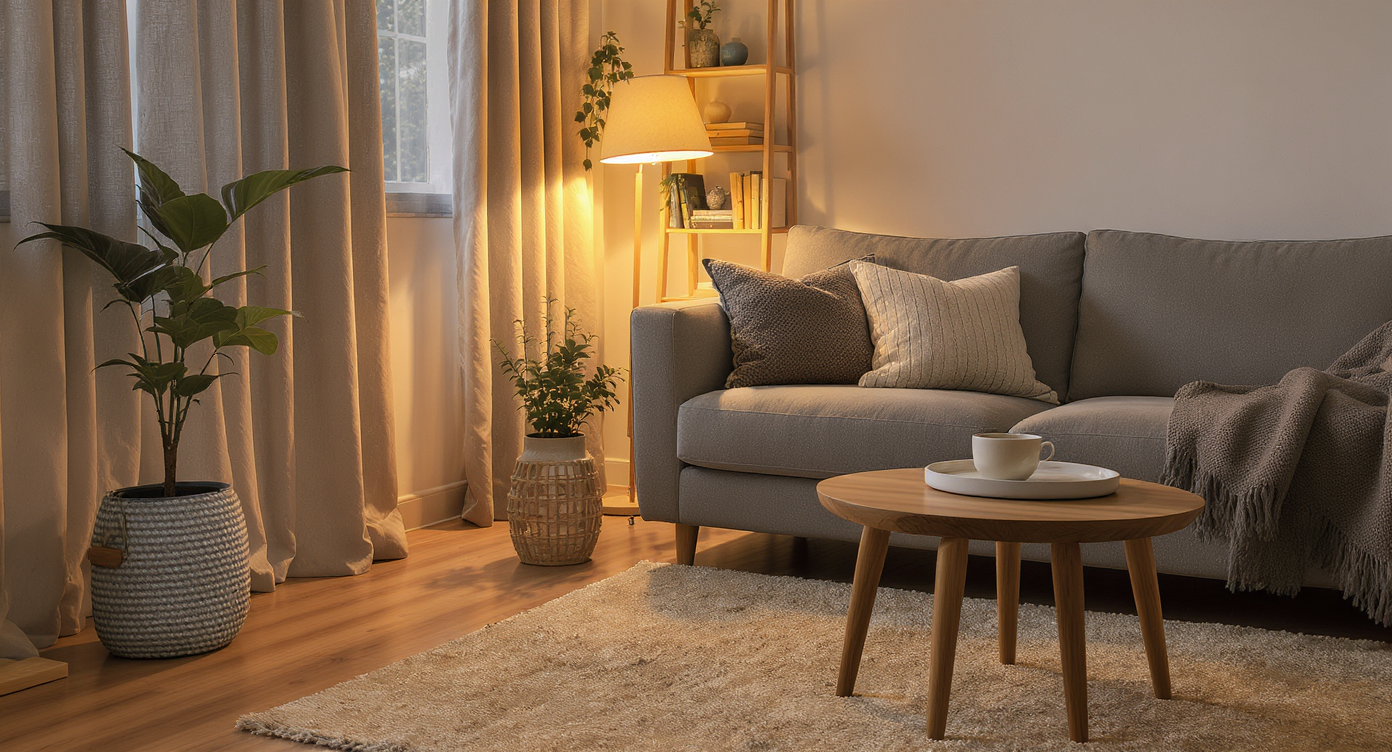 Cozy living room corner with warm glowing side lamp, layered art on wall, spine bookshelf, textured rug under sofa front legs, and natural wood coffee table with books.