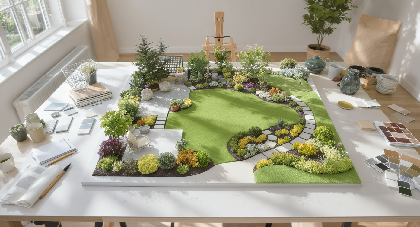 Designer’s drafting table with a detailed 3D model and material samples for small garden visualization in natural light.
