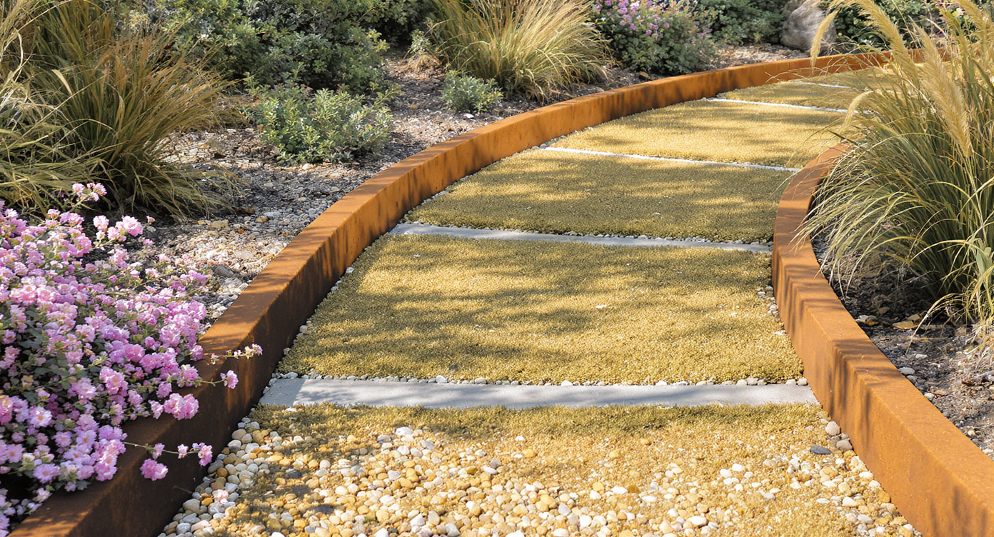 Curved corten steel edged gravel path winding through small flowering shrubs and grasses in a compact garden.