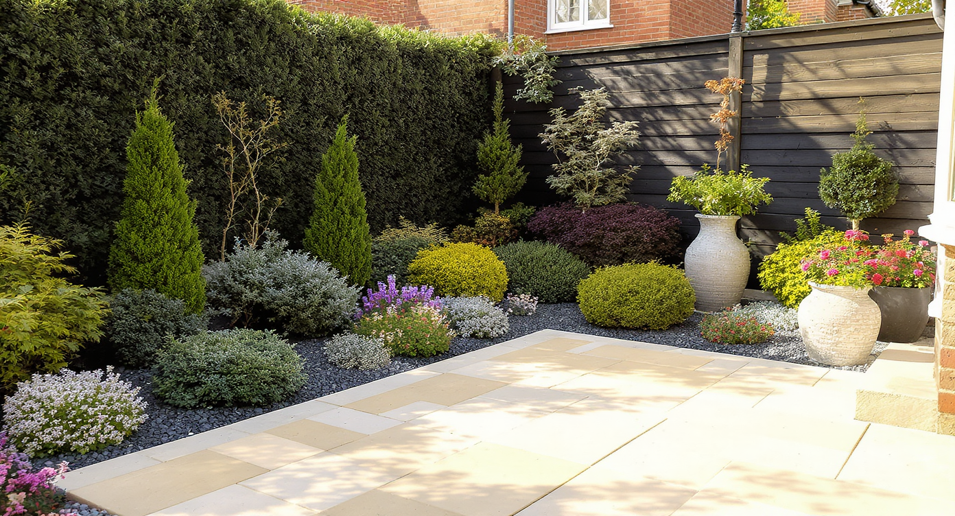 Small garden featuring rectangular sandstone patio and contrasting lush planting beds with evergreens and flowers under soft morning light.