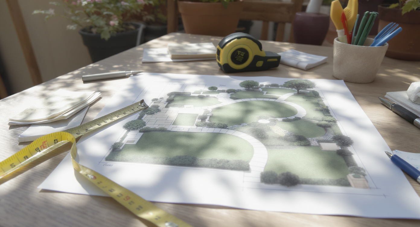 Overhead view of a compact garden design plan with a 3D model, measuring tape, notes, under natural light on wooden table.