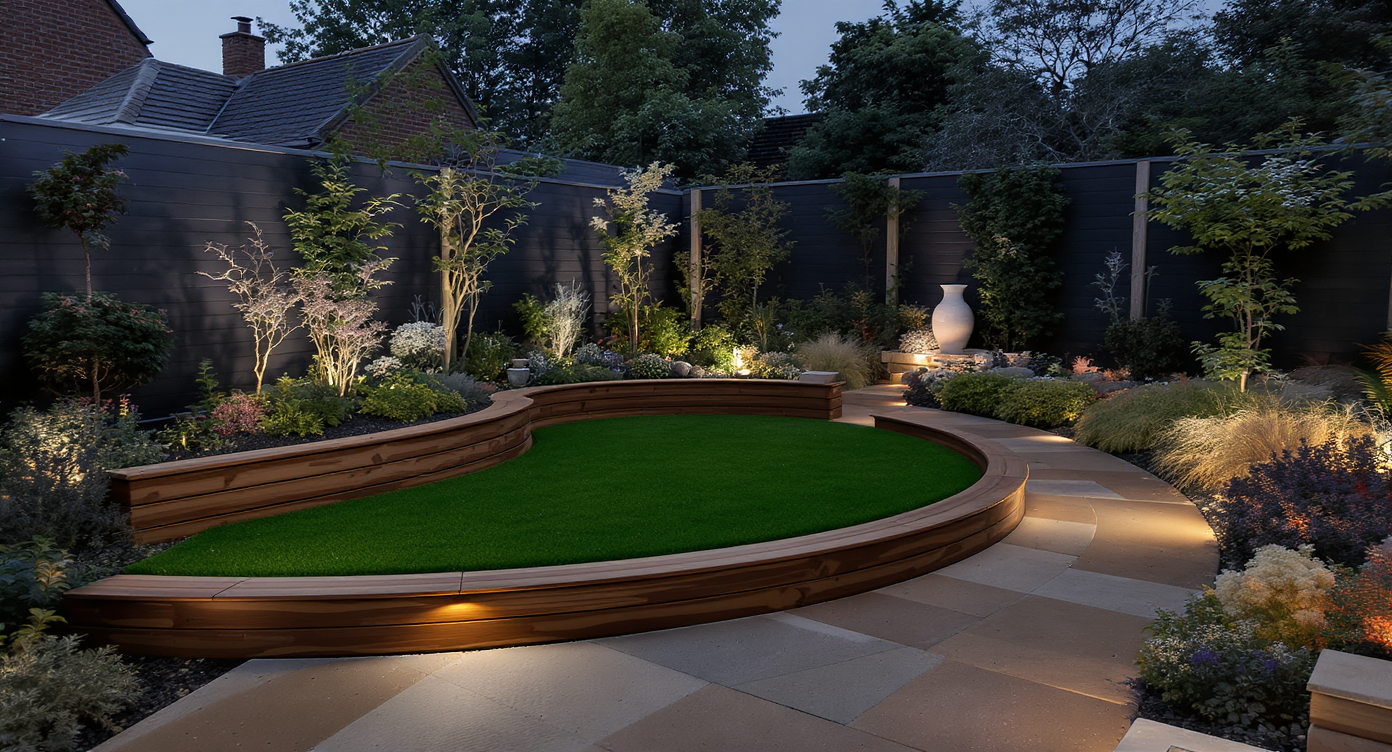 Peaceful small garden at dusk showing micro lawn, curved corten path, wooden planters, and layered plant textures in calm light.