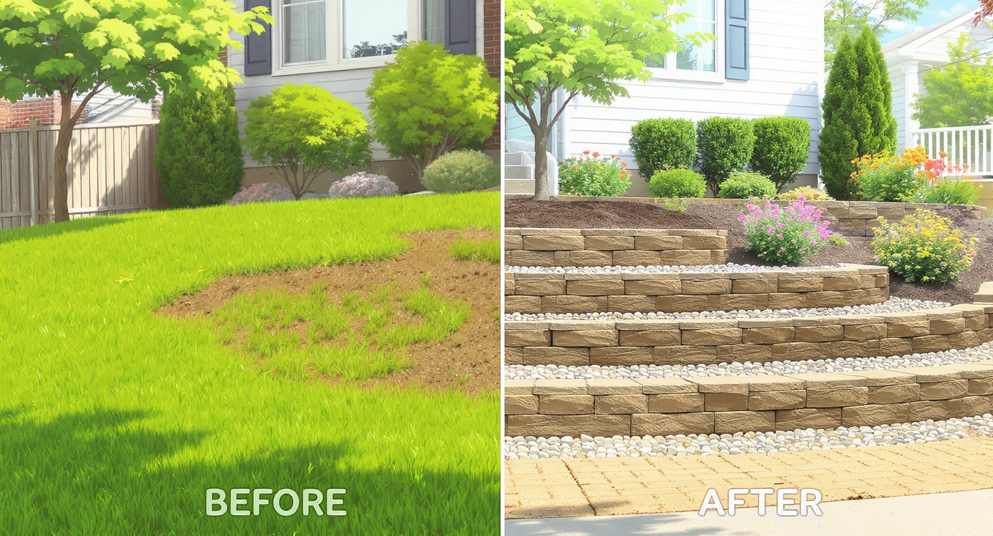 Split-view of sloped front yard before and after DIY tiered garden retaining wall with clean stone and compacted base.