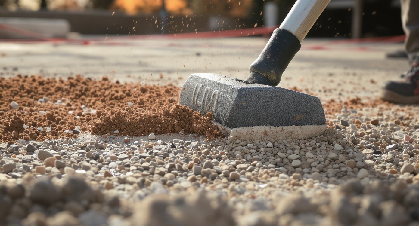 Close-up of hand tamper compressing dense-graded gravel base layer beneath bedding sand with taut string lines visible in the background under natural daylight.