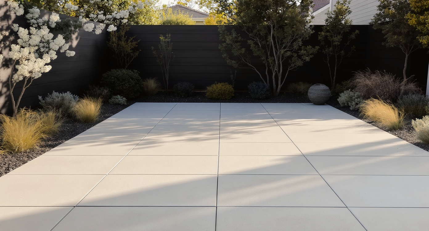 Minimalist backyard with large neutral-toned paver patio base bordered by soft curving planting beds of shrubs and grasses in warm evening light.