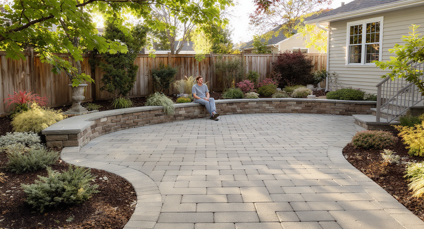 Backyard patio with smooth uniform pavers and gentle slope near diverse planting beds, homeowner sitting on steps in warm late afternoon light.