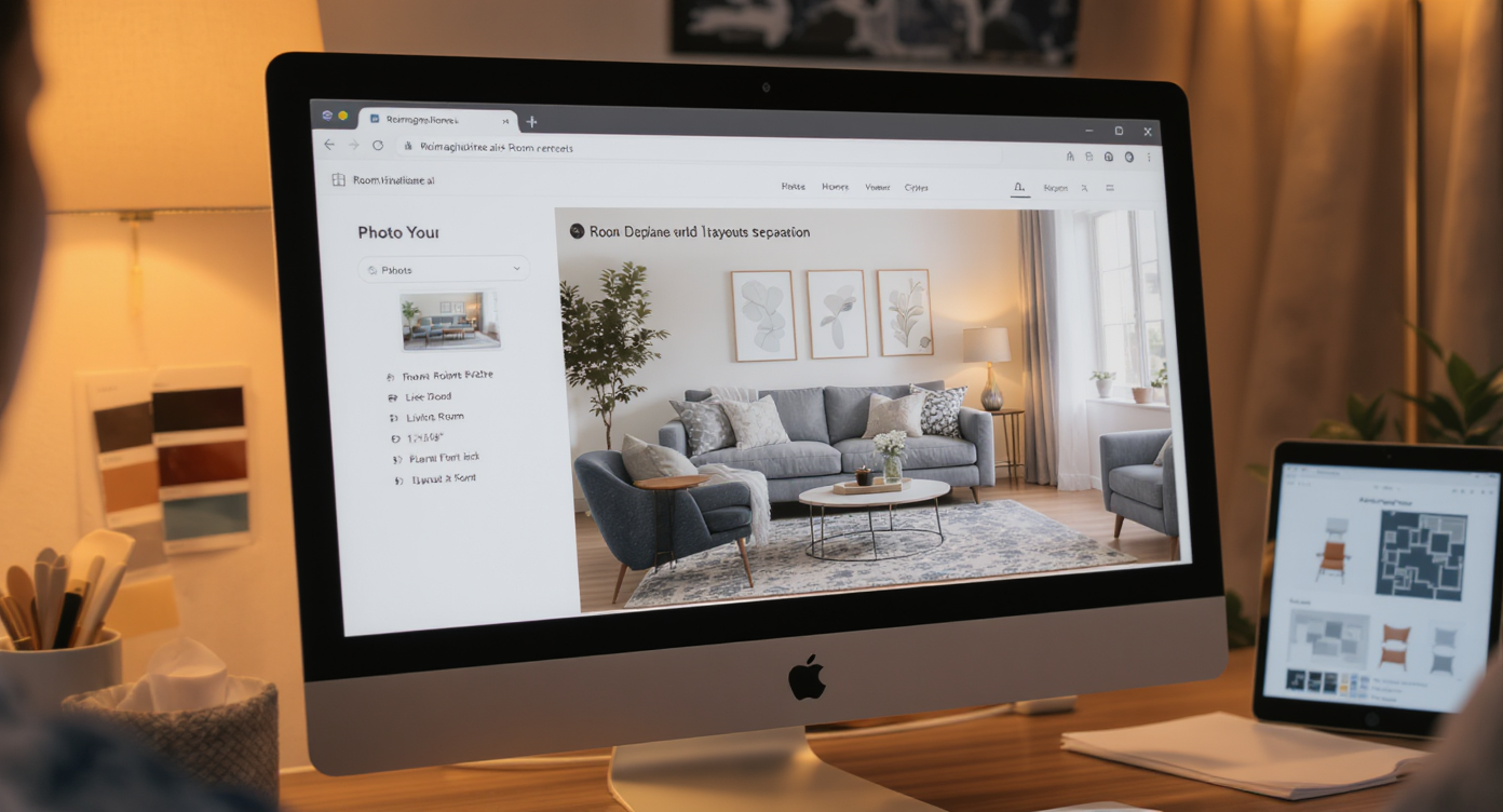 Workspace with computer displaying ReimagineHome.ai workspace showing photo upload and optimized sofa-to-table spacing, alongside fabric swatches and design notes.