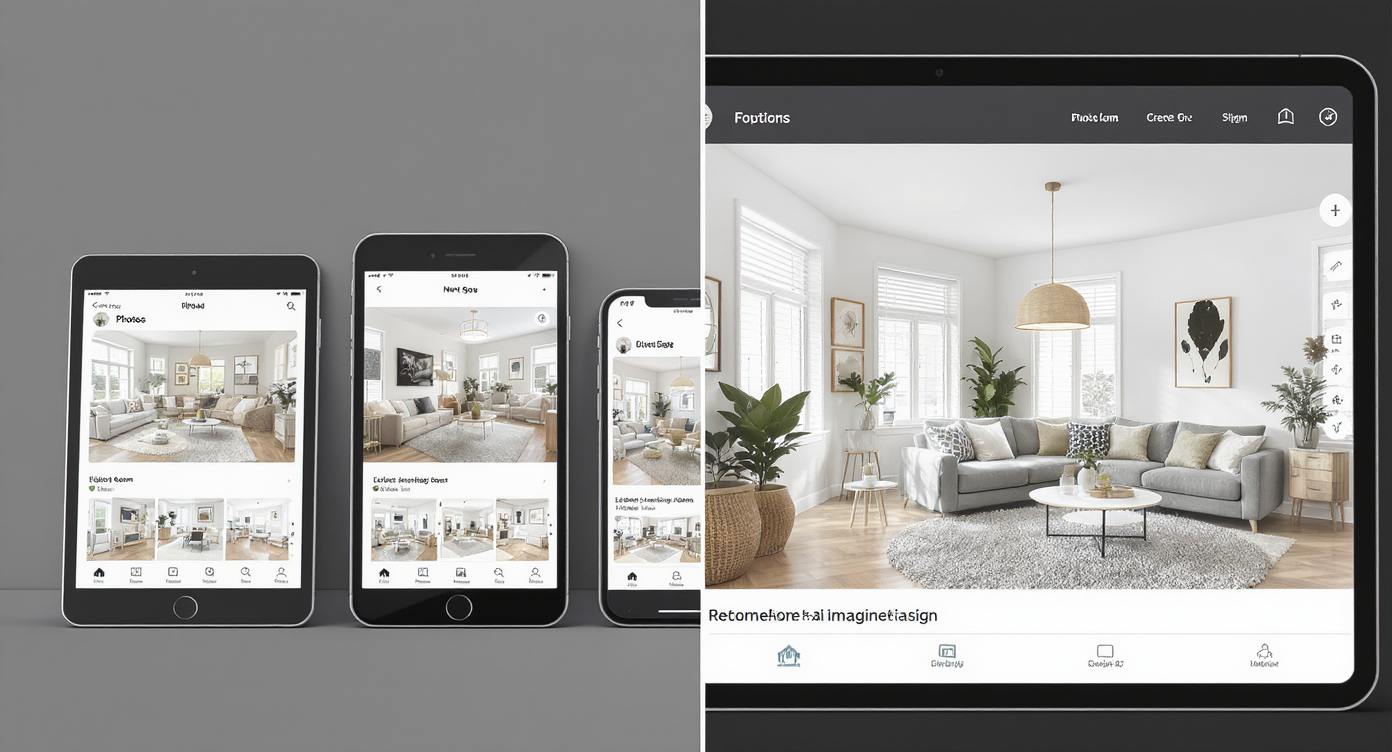 Side-by-side digital device screens displaying design app interfaces, highlighting ReimagineHome.ai’s superior realistic room visualizations and ease of use.
