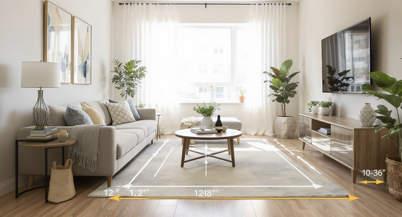 Contemporary living room showing sofa, coffee table, and TV feature wall with highlighted circulation distances and spatial measurements.