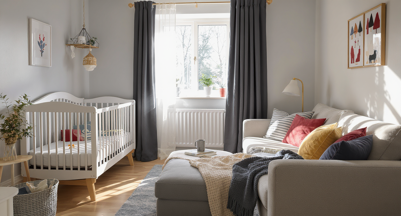 Nursery transformed into guest room with convertible crib folded and sofa bed with colorful cushions, bright natural light.