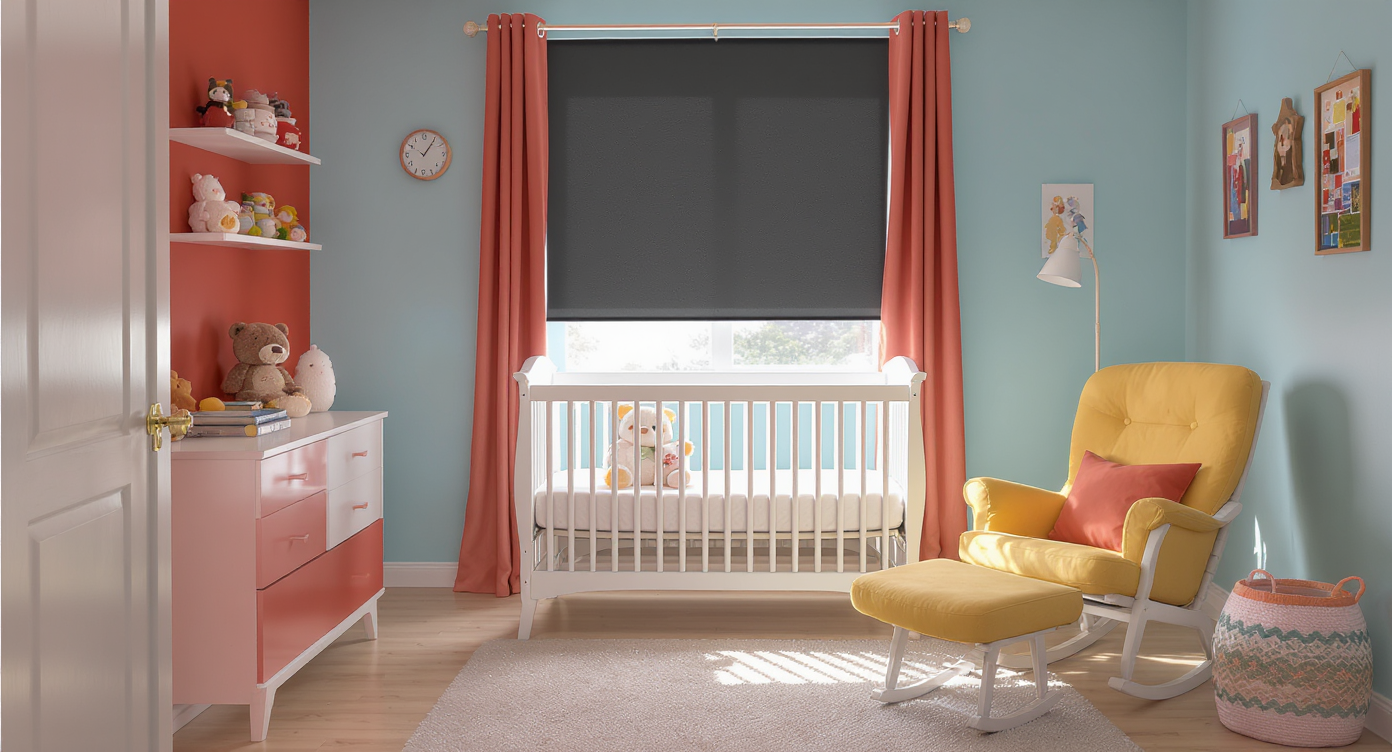 Nursery corner with crib away from window, blue walls, red dresser accents, yellow cushioned rocking chair, washable rug.
