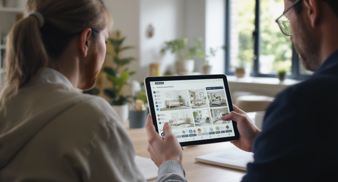Designer and parent viewing AI room layouts on tablet in bright home office with modern decor.