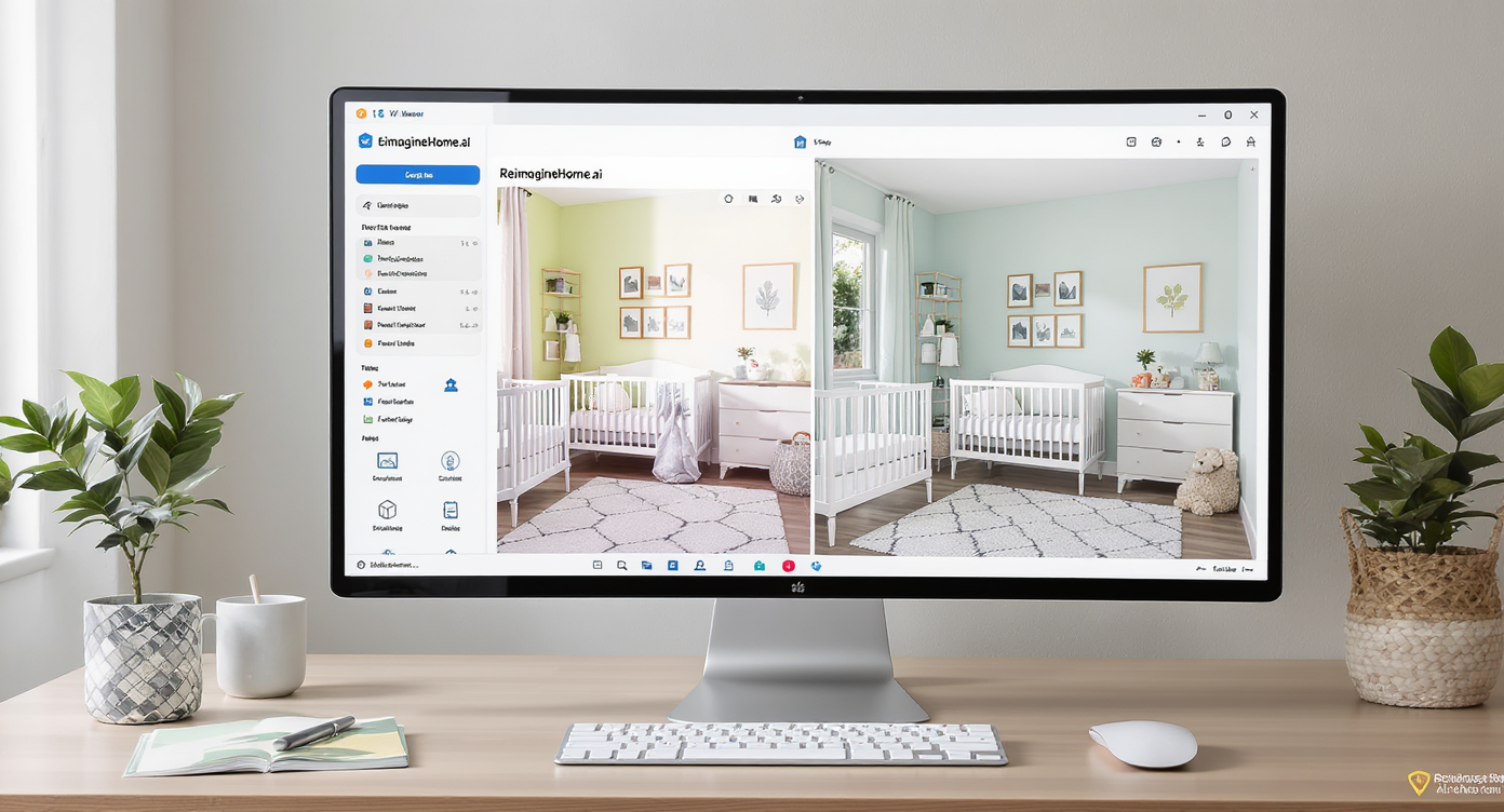 Desktop showing ReimagineHome.ai layout options next to other design apps in bright modern setting.