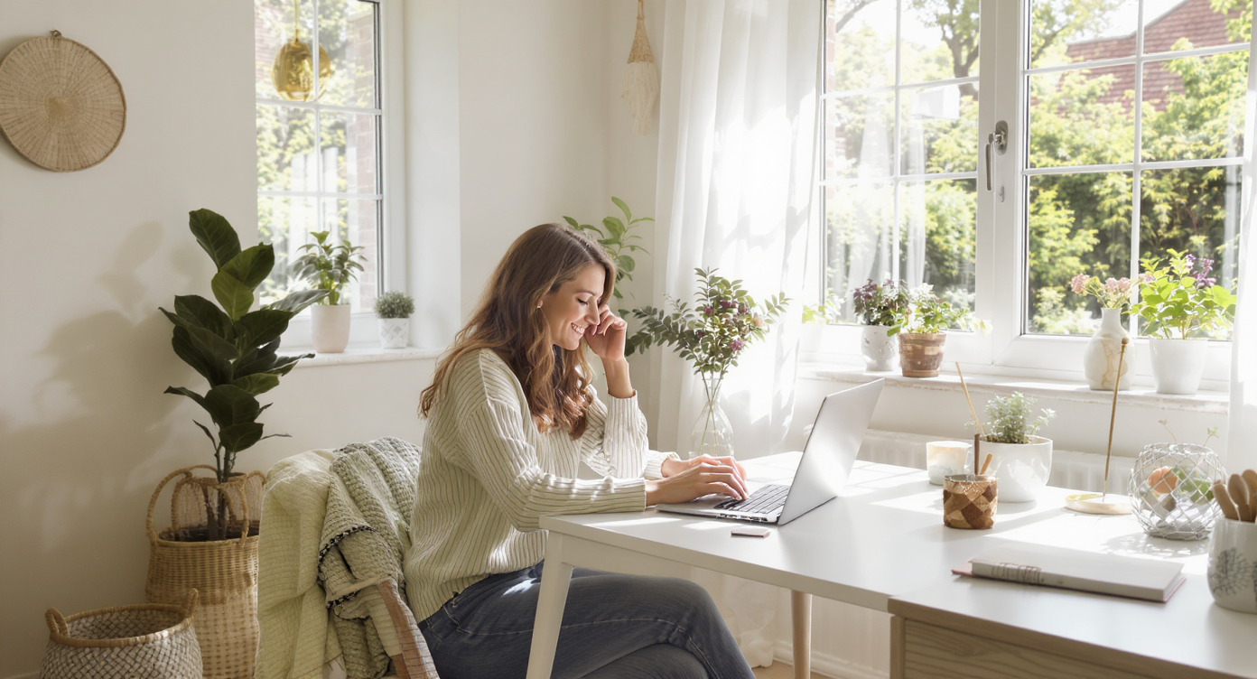 Sunlit home office with woman multitasking at desk facing garden views, light wood floors, and plants.