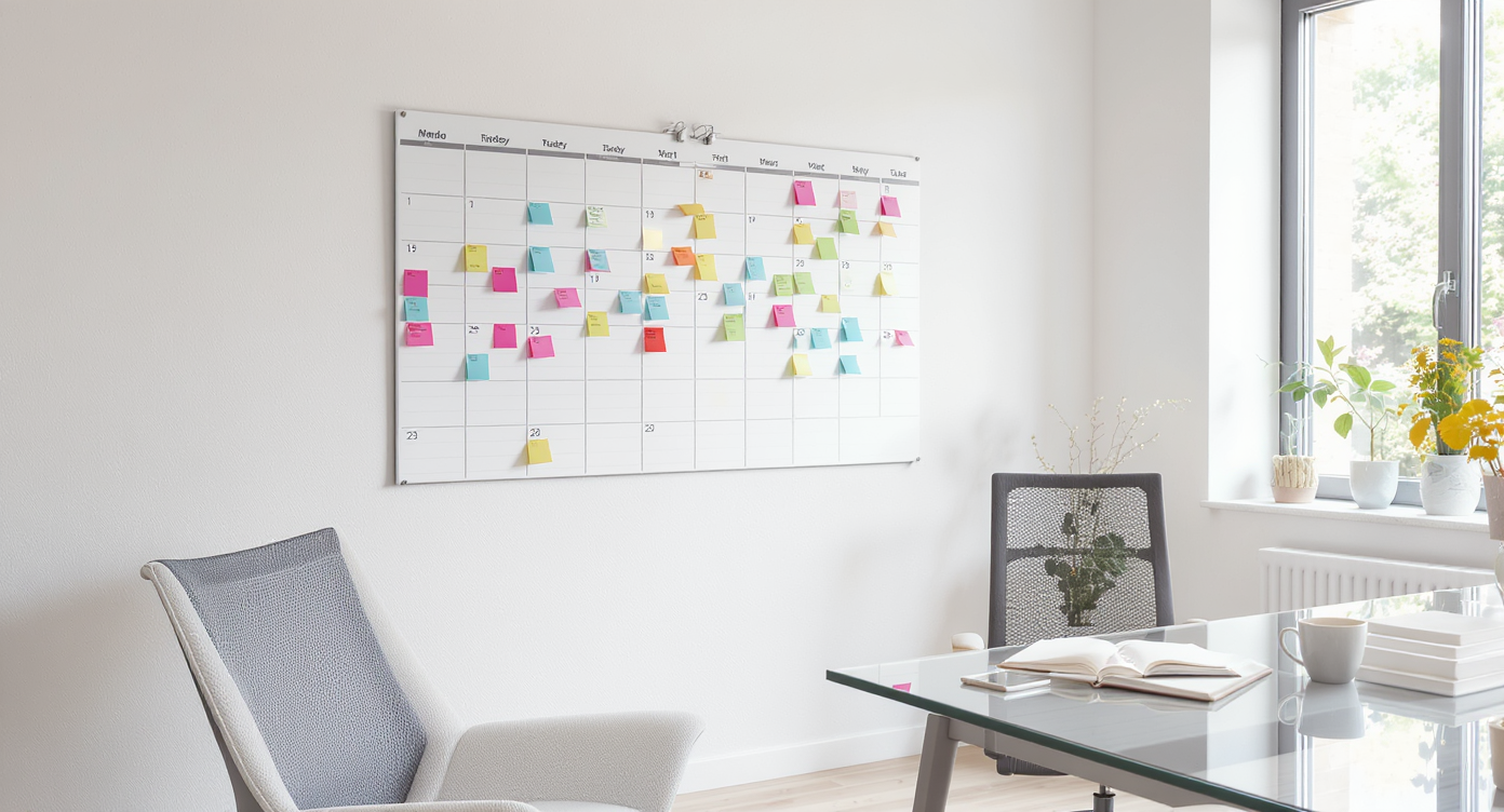 Bright workspace with time block calendar on wall and ergonomic chair, natural light on white walls and wood floor.