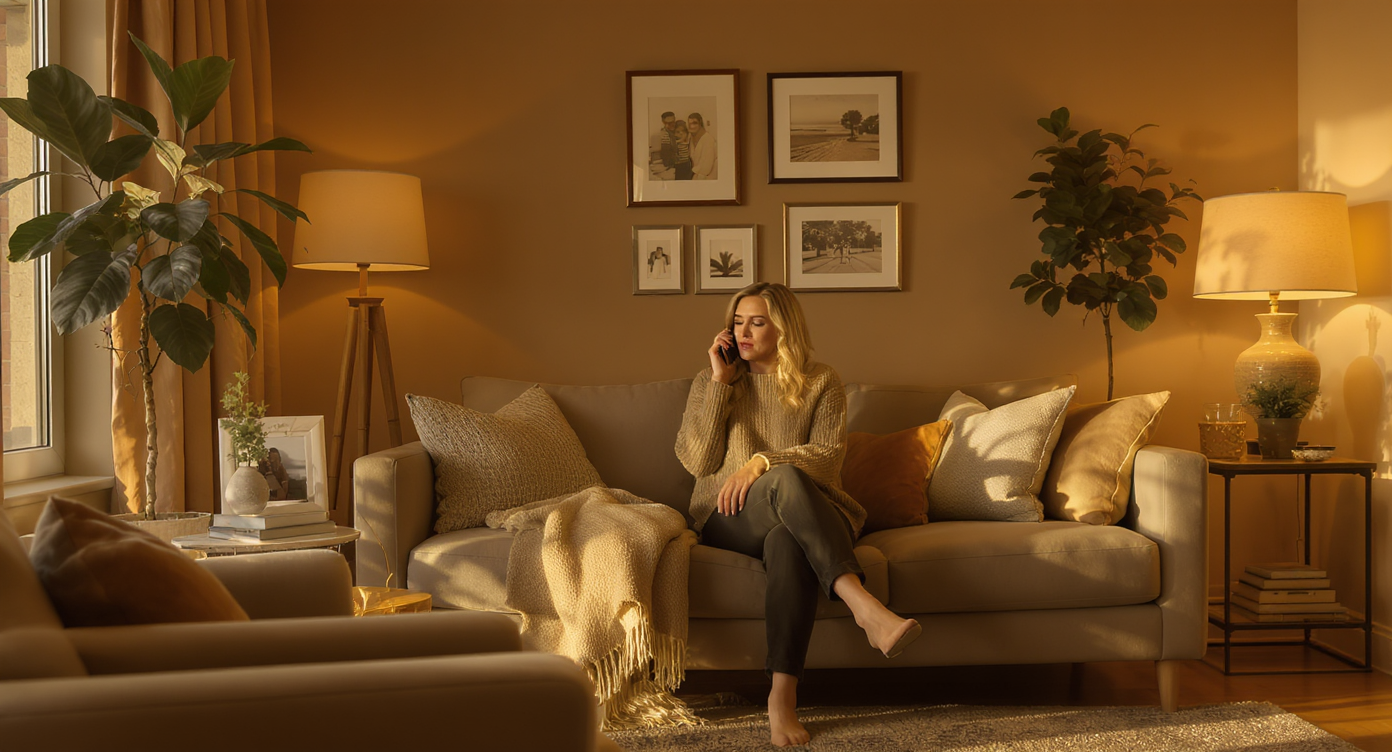 Warm living room with a stressed woman on phone near couch, cozy wood furniture and earth tones around.