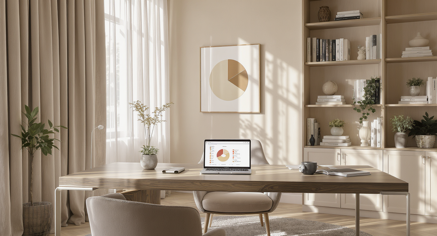 Contemporary home office with laptop showing pie chart, bright natural light on beige walls and oak floor.