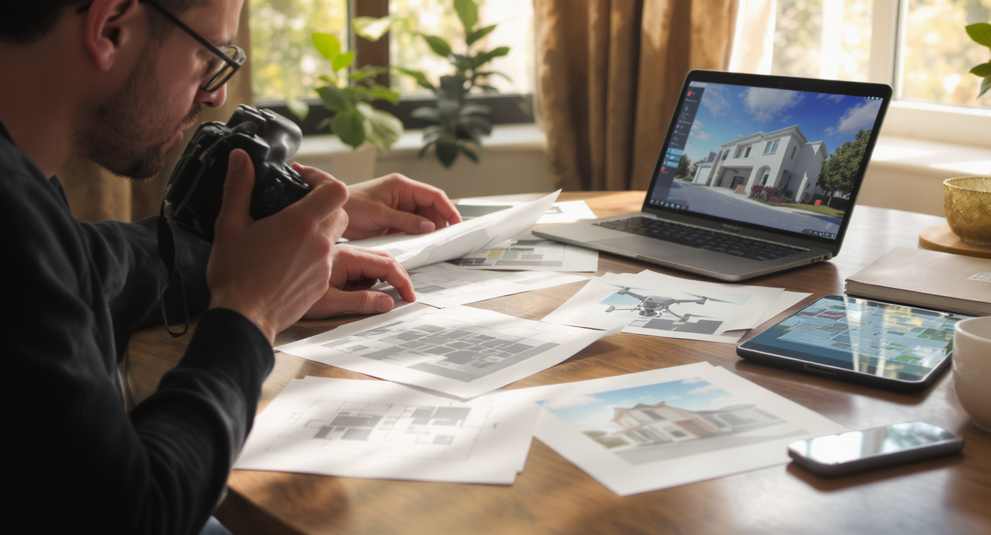 Photographer evaluating floor plans, aerial shots, and 3D renderings on wood table illuminated by natural light.