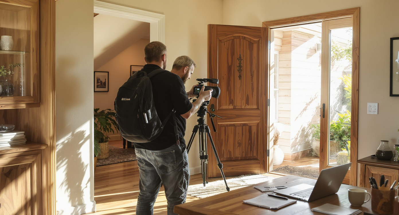 Professional real estate photographer preparing camera in a modern, light-filled home entryway with wood and textured walls.