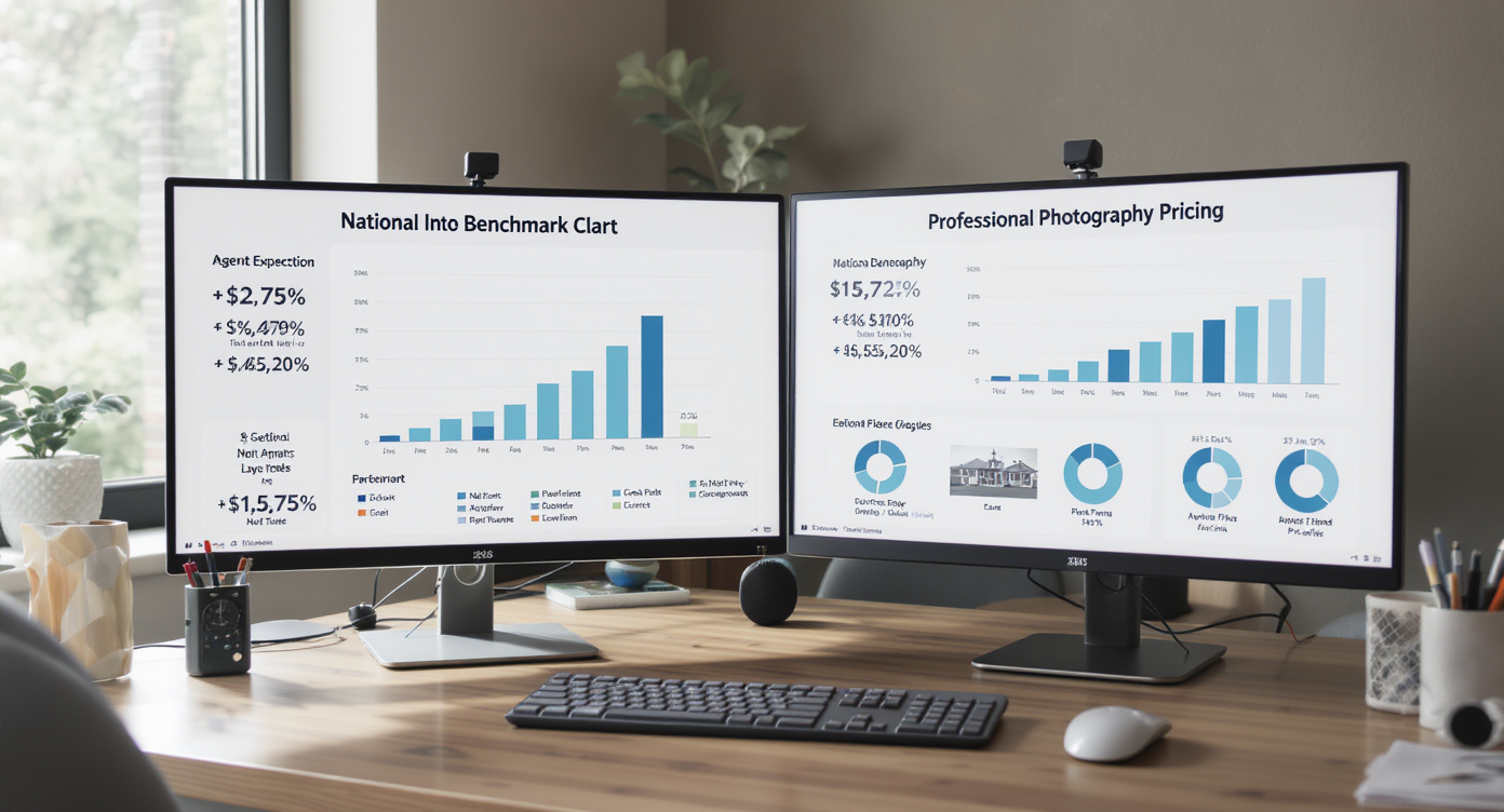 Office desk with monitors showing national real estate photography pricing benchmarks under natural daylight.