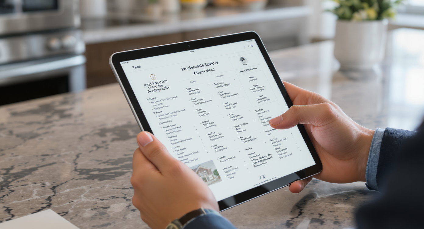 Realtor viewing a tidy, reliable photography menu on tablet in a modern kitchen with natural light.