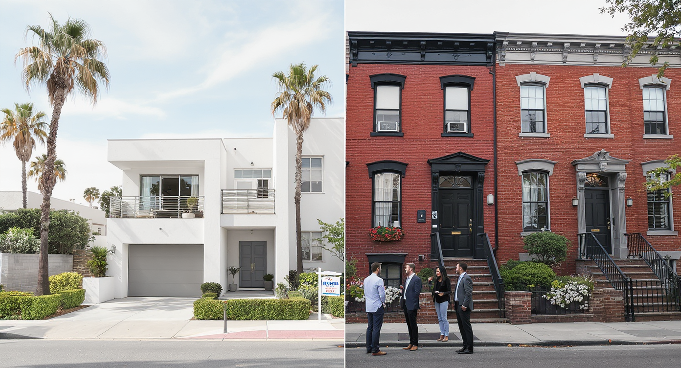 Split scene of a sunny LA coastal home and urban NYC townhouse demonstrating regional pricing contrasts.