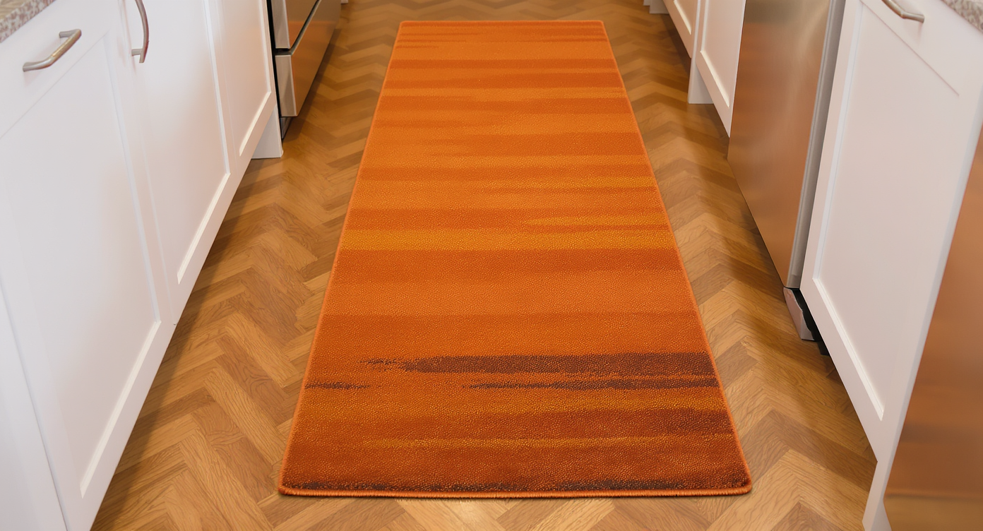 Galley kitchen with centered warm terracotta runner rug over wood herringbone floor complementing white cabinets.