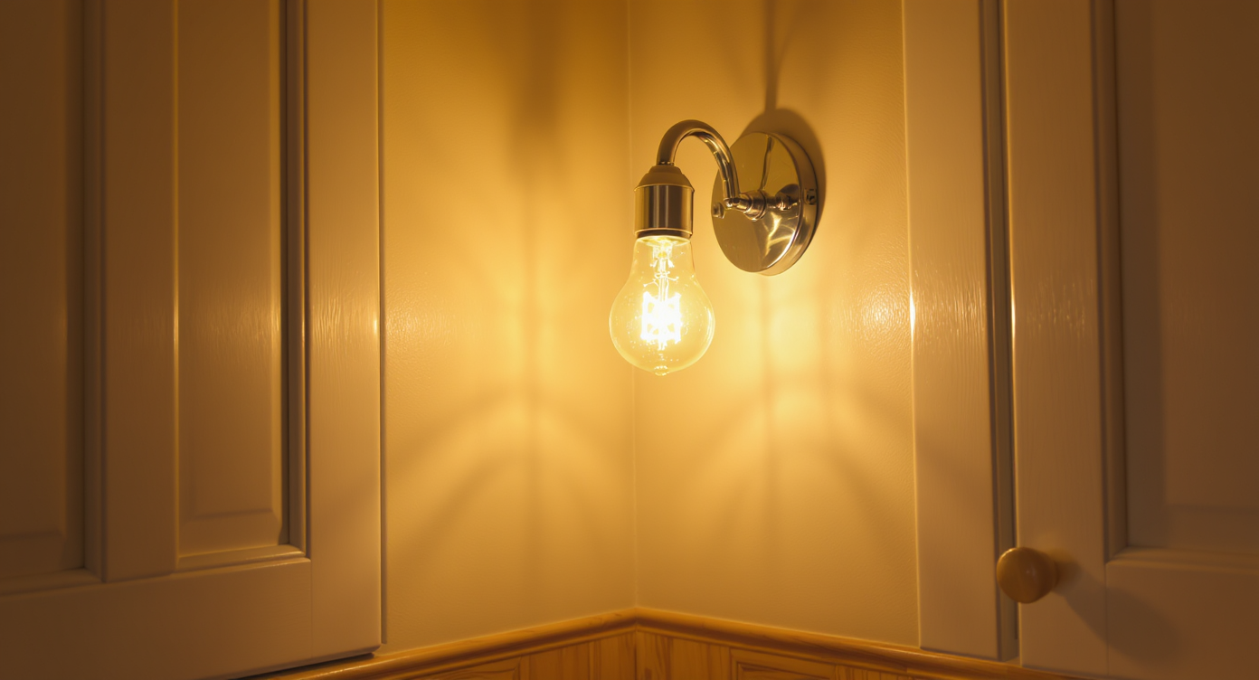 Warm 2700K LED bulb glowing softly in clear glass fixture in white kitchen with wood herringbone floor.