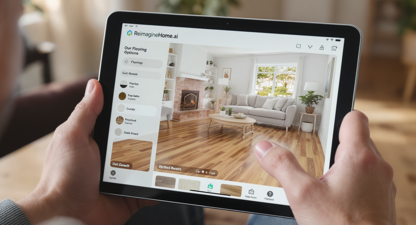 Homeowner using tablet to preview various flooring options on their living room photo through AI app interface.