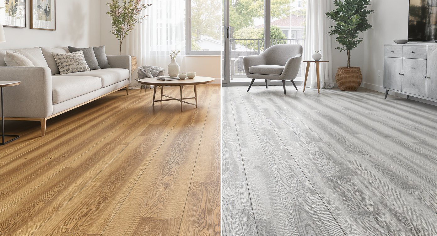 Room split view comparing warm reddish wood floor and cool gray wood floor side-by-side in a sunlit modern living room.