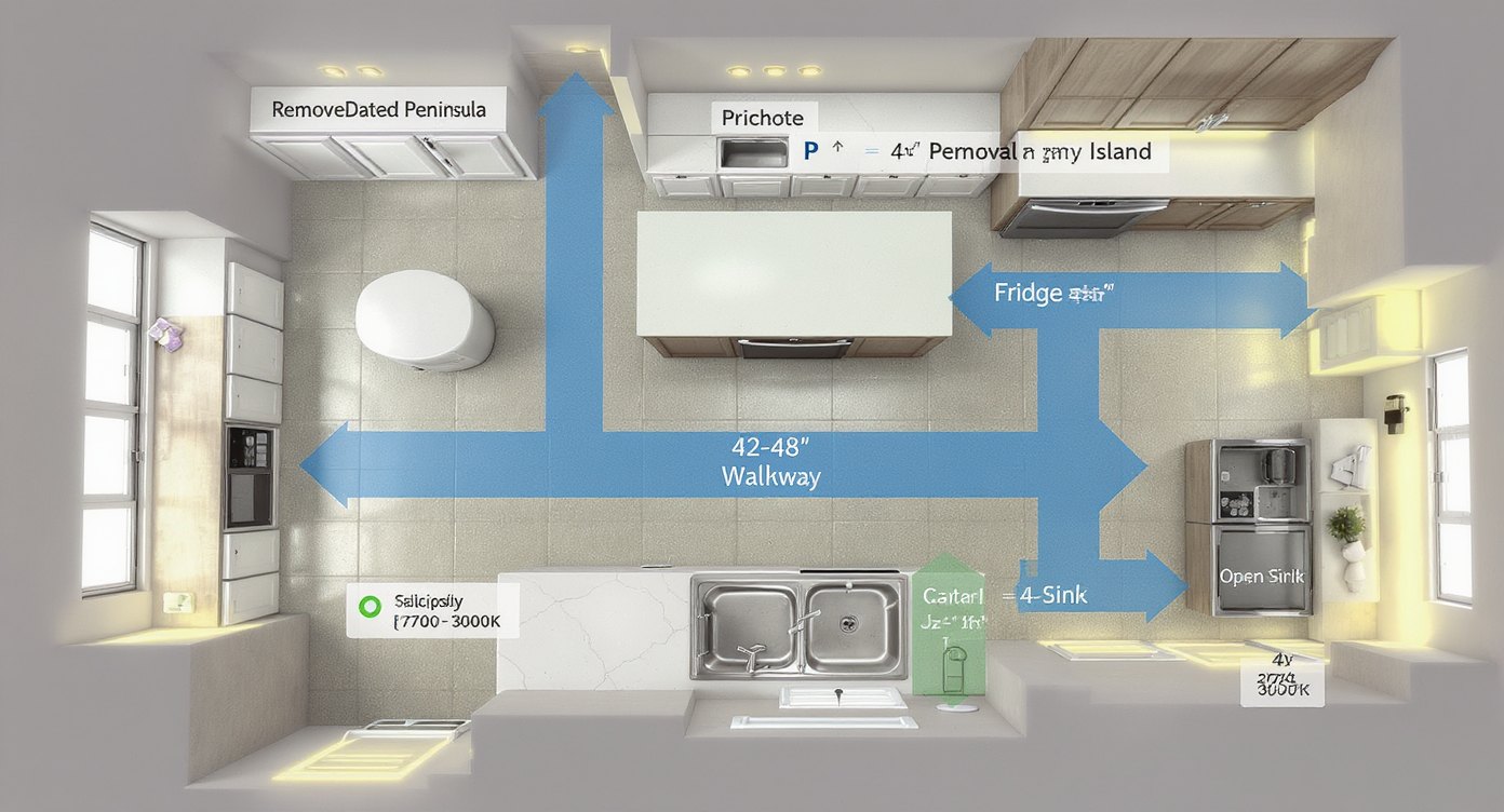 Top-down kitchen layout emphasizing open island, clear walkways in blue, fridge and sink access, and lighting color temp icons.