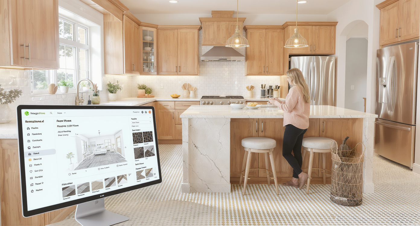 Bright kitchen with 42-inch clearance, slip-resistant mosaic tiles, warm cabinetry, woman using ReimagineHome.ai on screen.