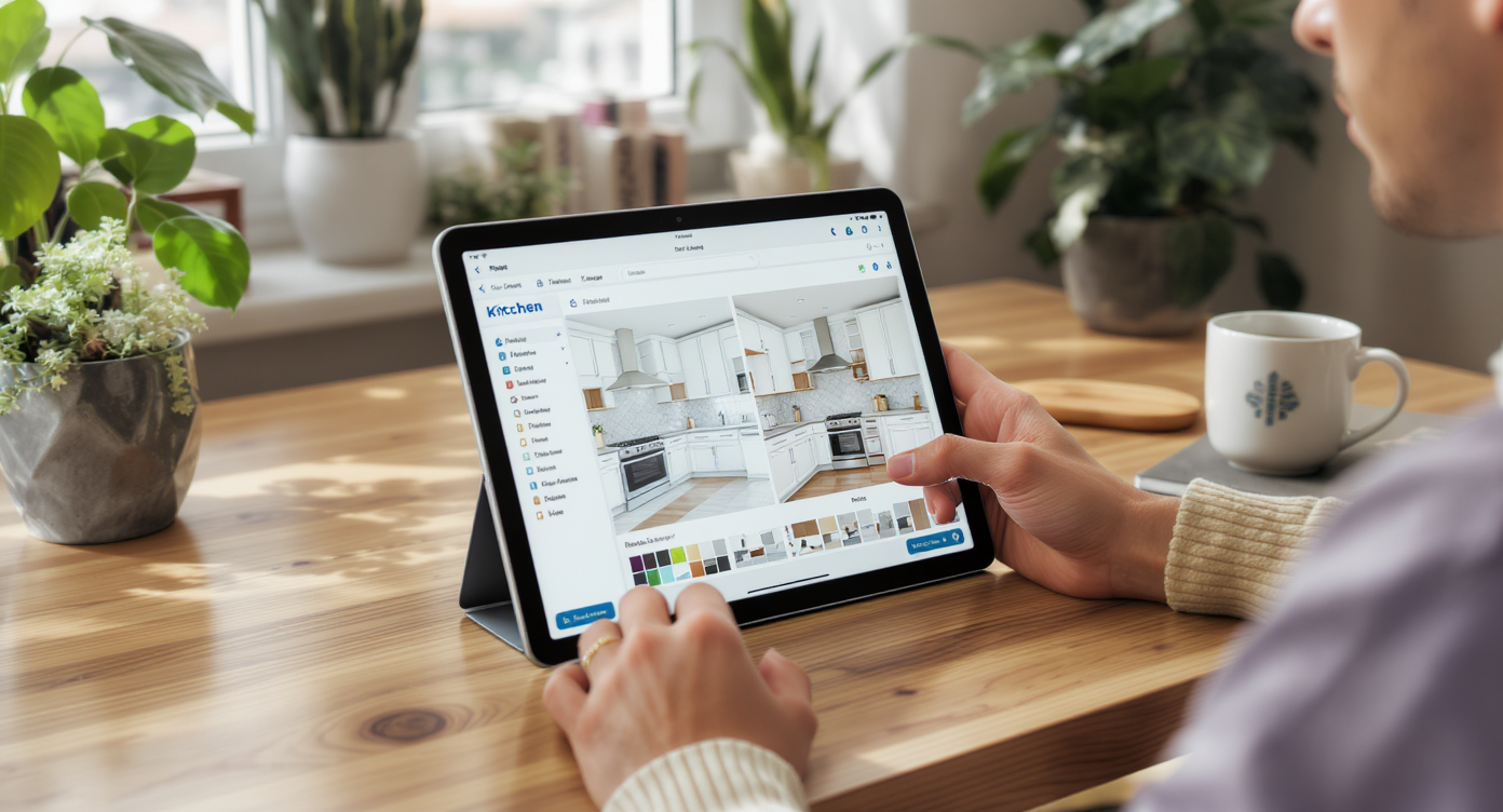 Home office with wood desk, plants, tablet showing AI kitchen layout options, young professional interacting naturally.