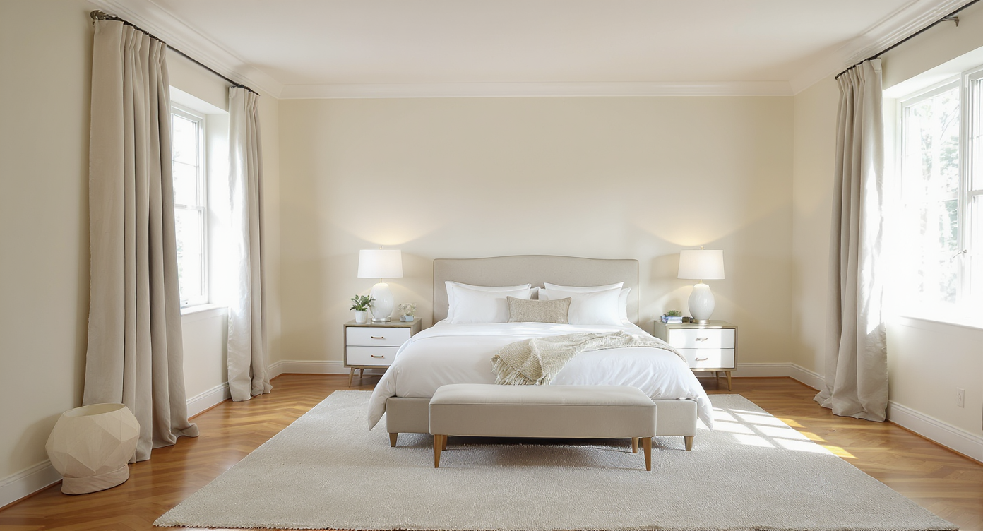 Well-spaced cream bedroom with centered bed and mismatched oversized white lamp disrupting balanced layout