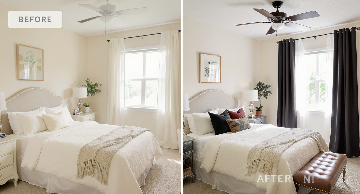 Split view cream bedroom showing plain bedding before and layered dark accents and curtains after transformation