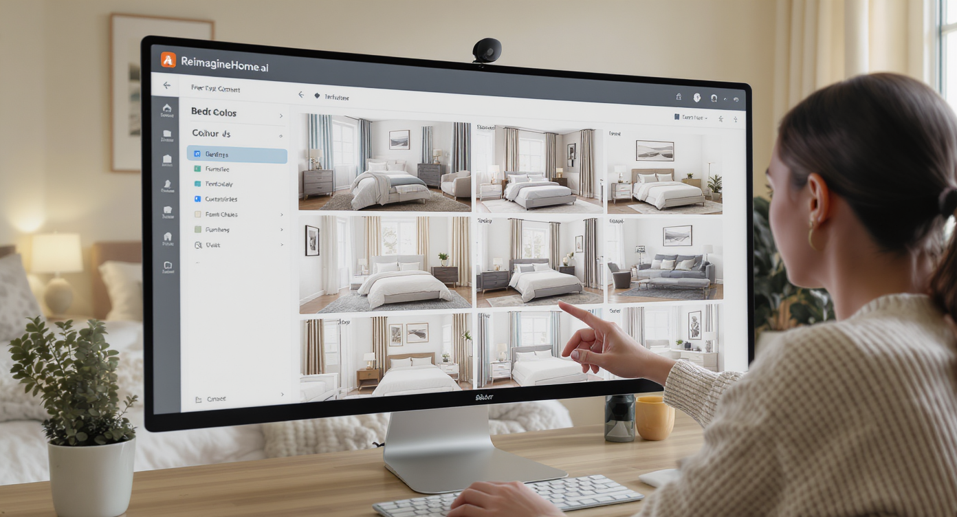 Person using ReimagineHome.ai on a large screen with bedroom layouts and color options, modern home setting