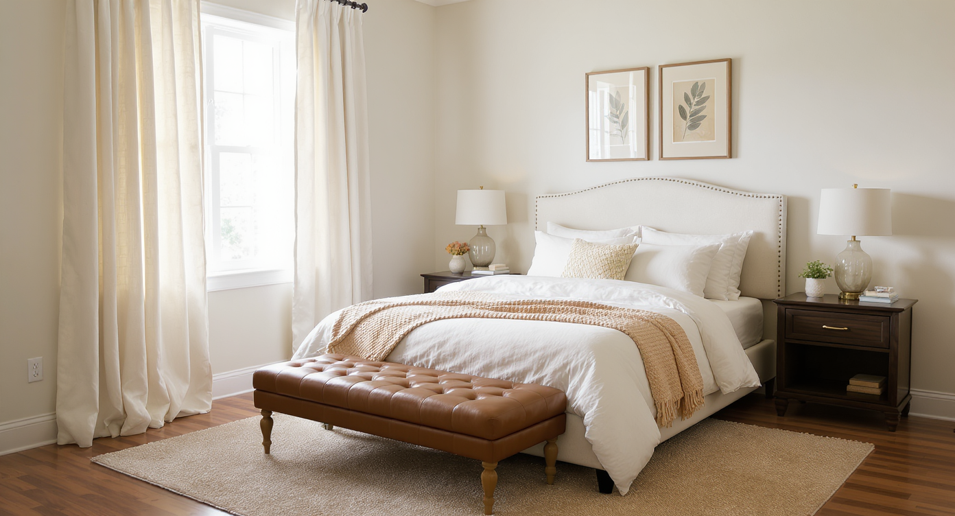 Cream bedroom corner featuring high-mounted curtains, leather bench, and symmetrical dark wood furniture