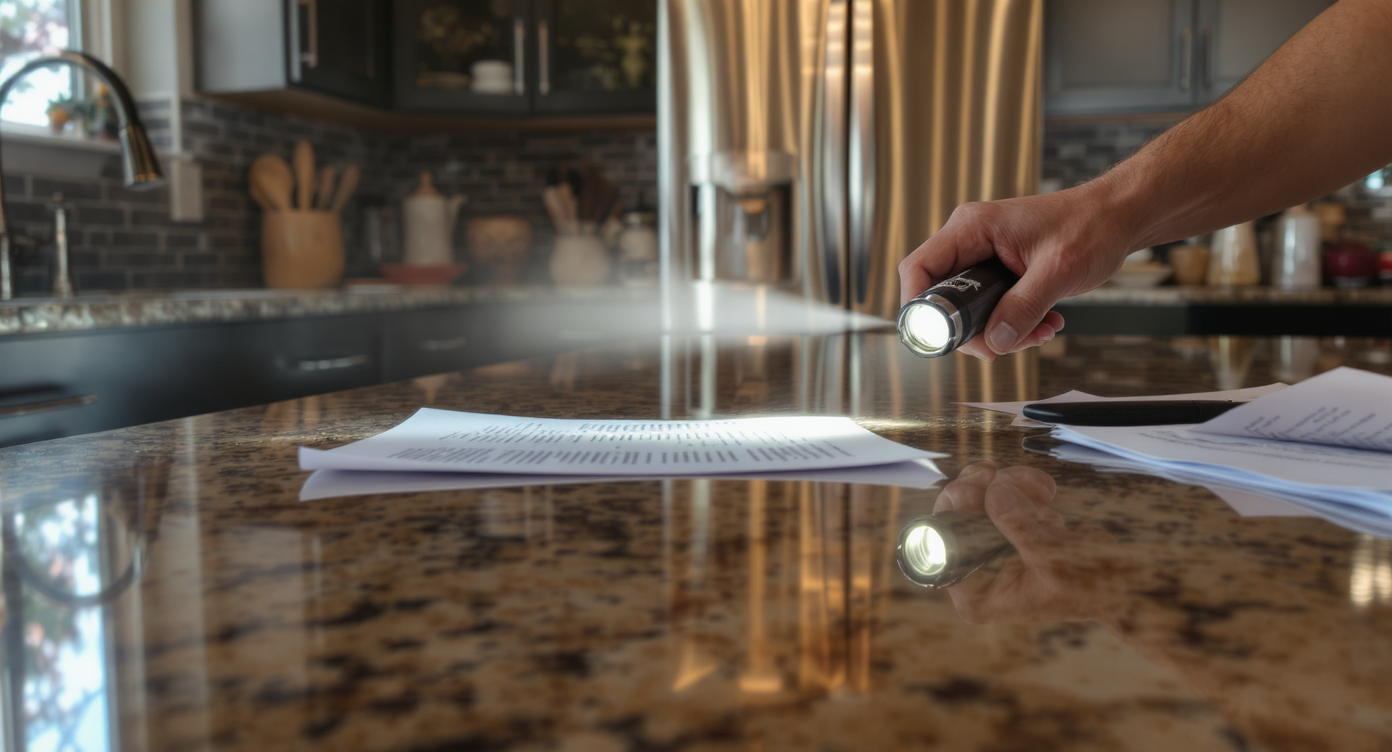 Home inspector examining sleek granite kitchen counters with financing papers on dining table in natural light.