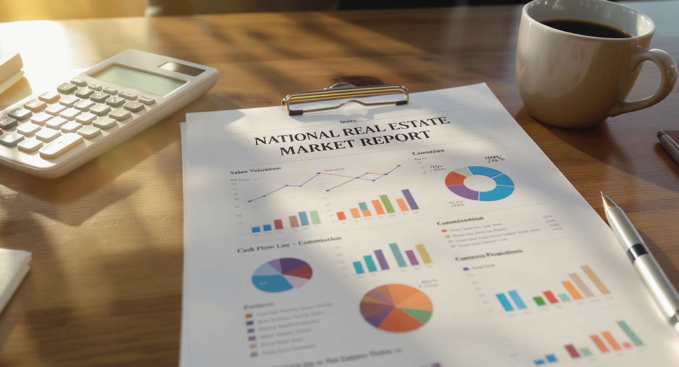 A detailed national real estate market report with charts on wooden table, calculator, coffee, and pen in warm light.