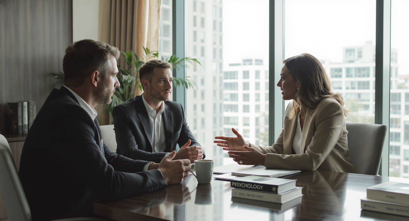 Agent attentively listening to client in a bright conference room with psychology books, capturing empathy and trust.
