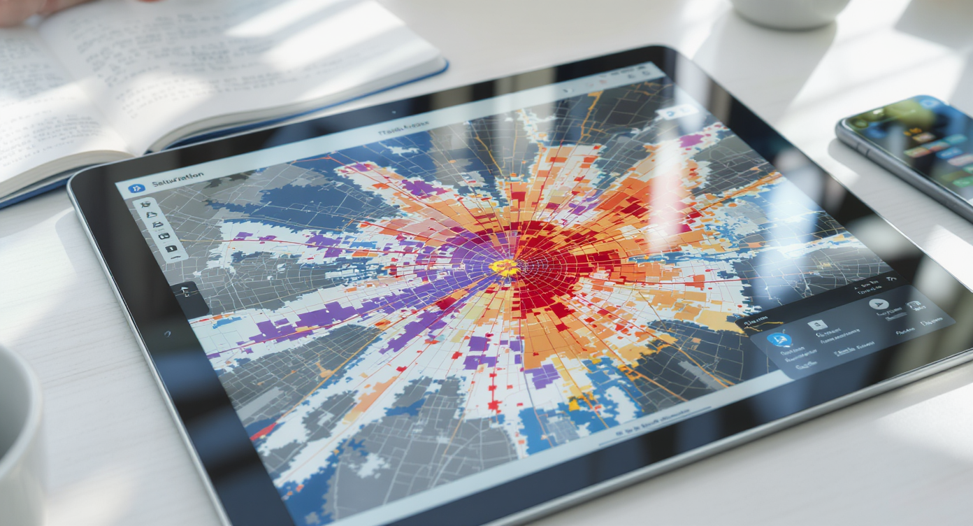Tablet on desk showing heat maps of real estate saturation and migration, with notebook and smartphone nearby.