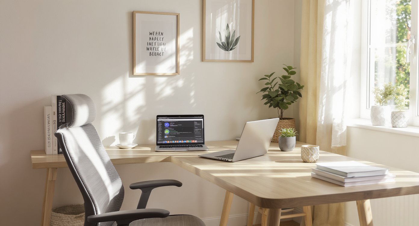 Sunlit home office with wooden desk, laptop, bookshelves, and real estate contracts illustrating entrepreneurial work.