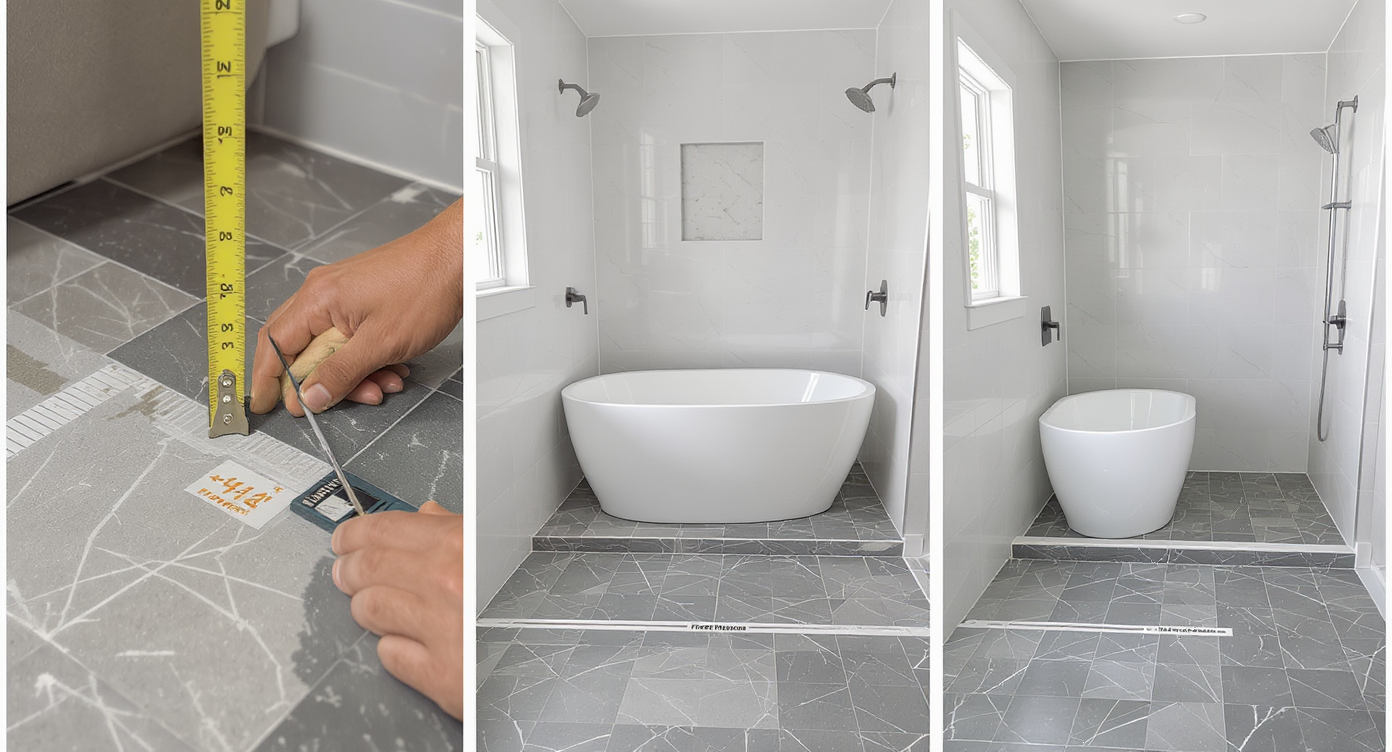 Photo series of step-by-step tub-in-shower installation: floor slope measurement, placing level tub, and slip-resistant tile fitting with towel storage.
