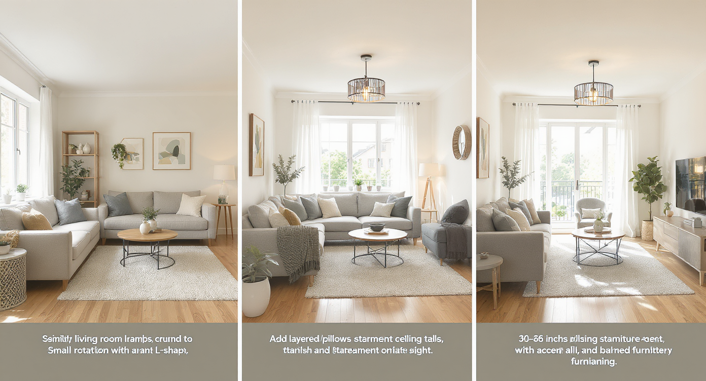Four-stage room transformation from cramped two-sofa layout to open L-shaped arrangement with layered decor and clear paths.
