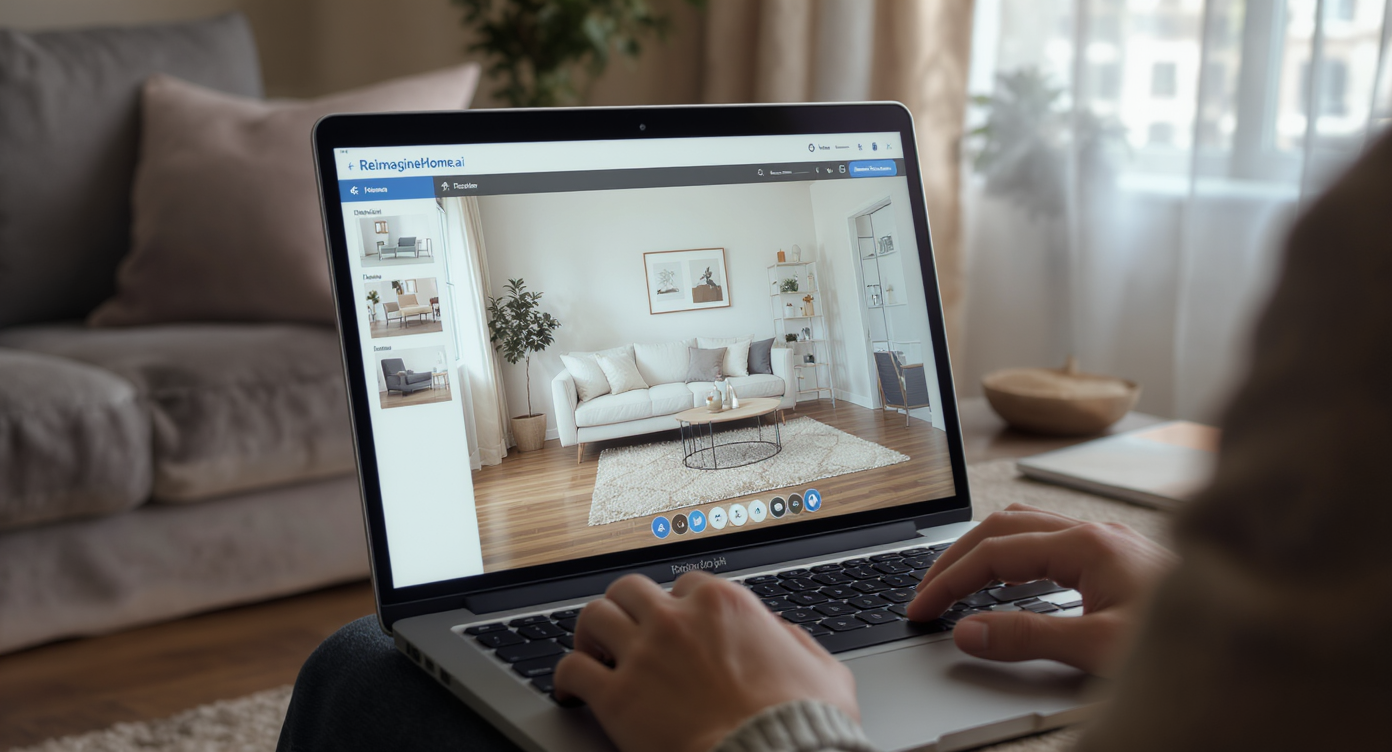 Person using laptop showing multiple furniture layouts from ReimagineHome.ai in a well-lit living room.