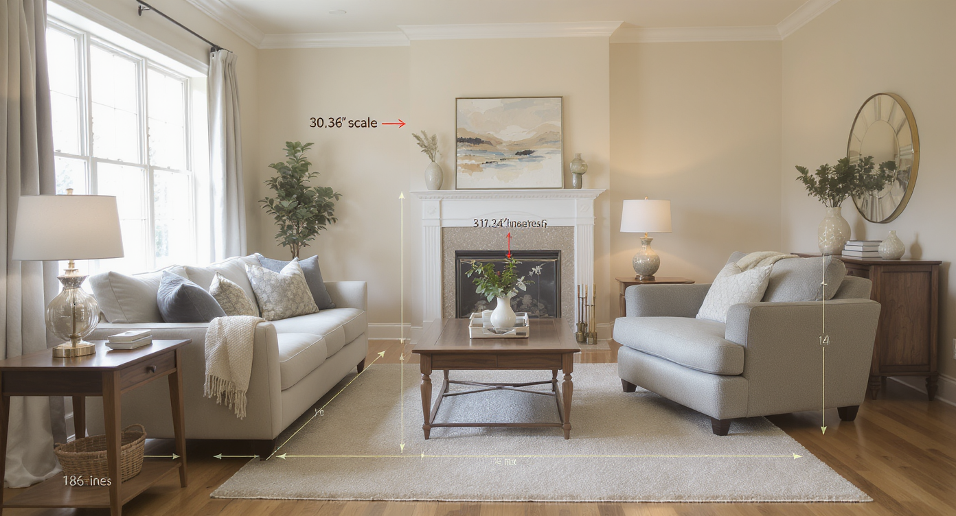 Living room showing balanced layout with clear walking paths and one oversized armchair disrupting harmony.